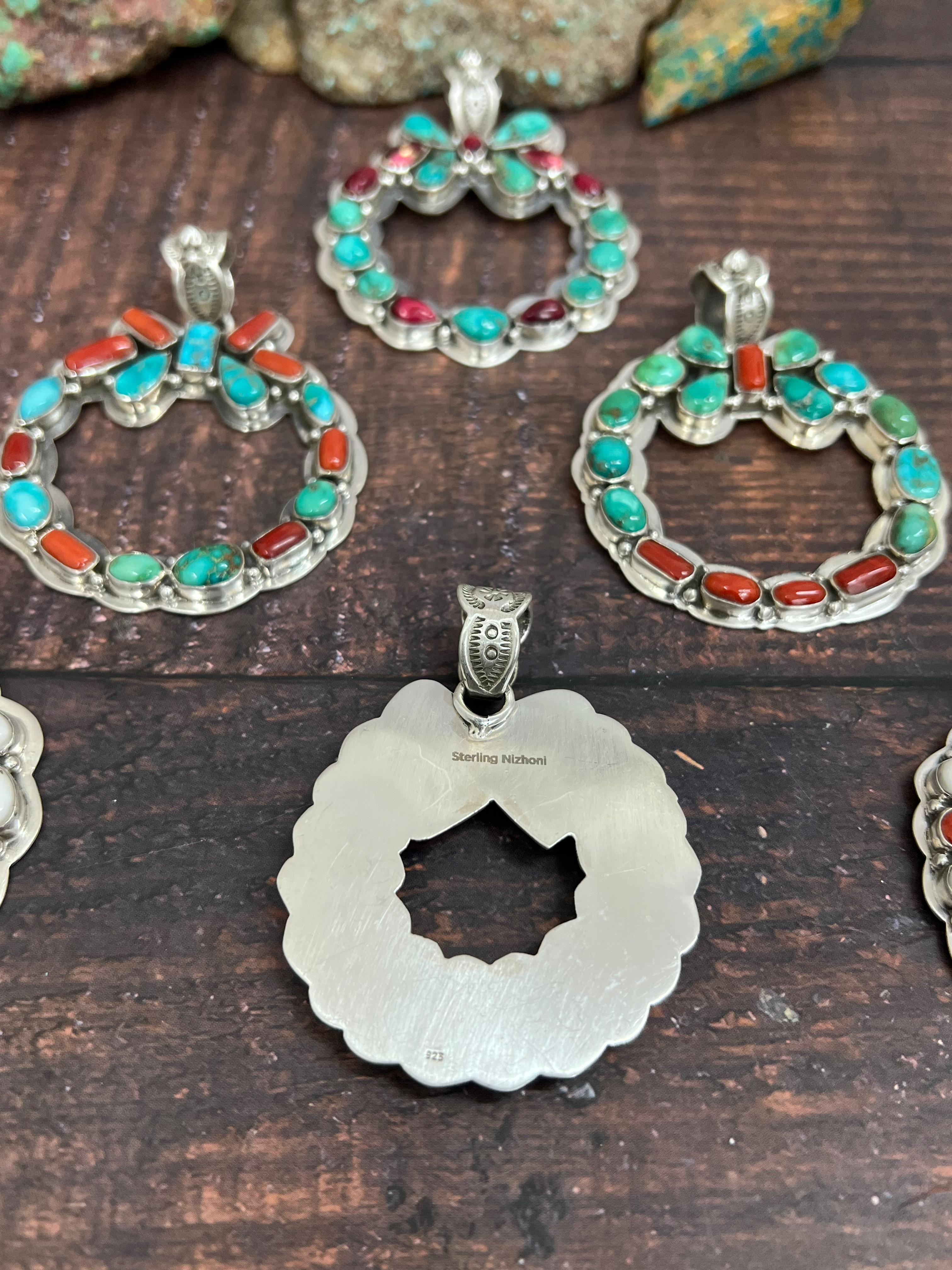 Handmade Sterling Silver Multi Stones Pendant, Signed Nizhoni