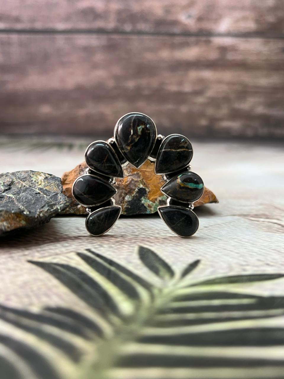 Handmade Sterling Silver Blackjack Turquoise Adjustable Ring " Signed Nizhoni"