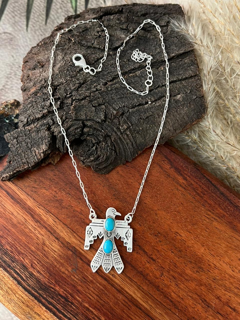 Handmade Sterling Silver Kingman Turquoise Thunder Bird Necklace "Signed Nizhoni"
