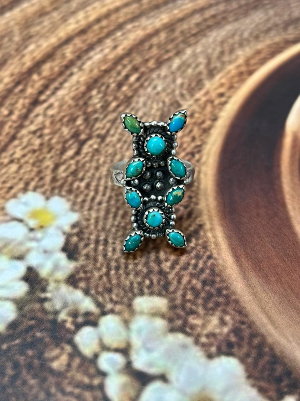 Handmade Sterling Silver Kingman Turquoise Adjustable Ring "Signed Nizhoni"