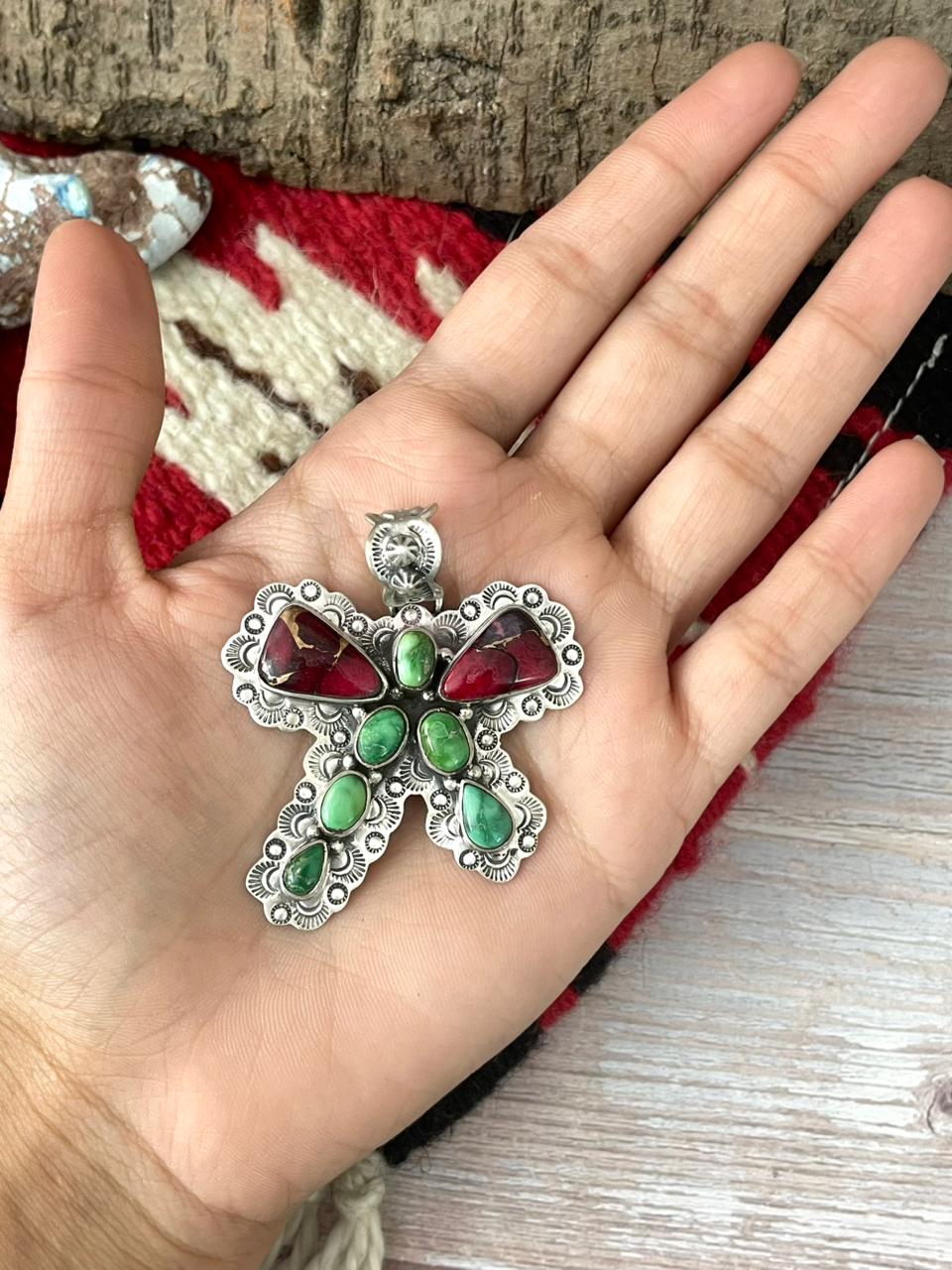 Handmade Sterling Silver Dahlia Rose with Emerald Valley Turquoise Pendant "Signed Nizhoni"