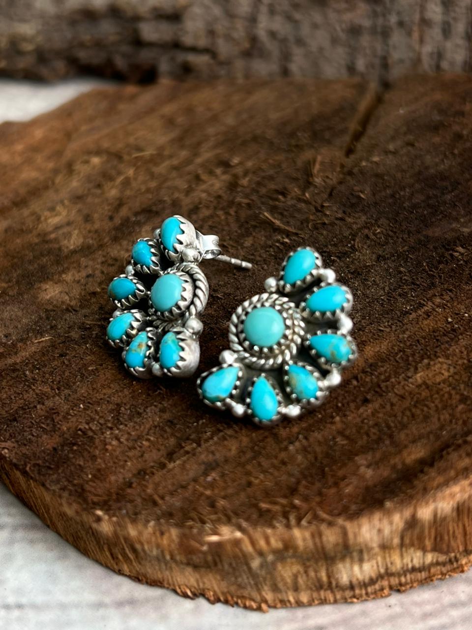 Handmade Sterling Silver Kingman Turquoise Post Studs Earrings "Signed Nizhoni"
