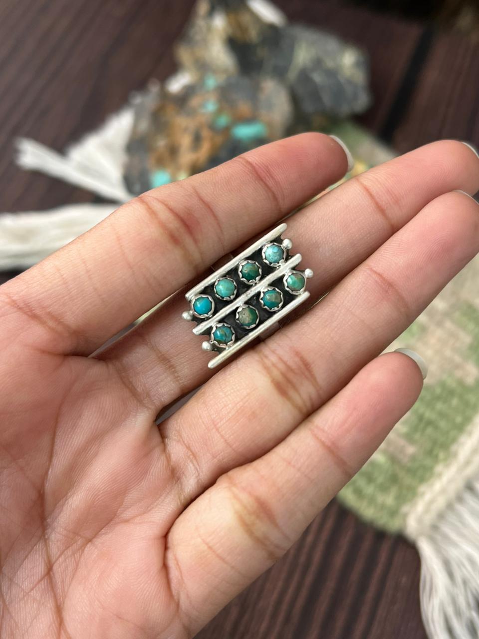 Handmade Sterling Silver Kingman Turquoise Adjustable Ring "Signed Nizhoni"