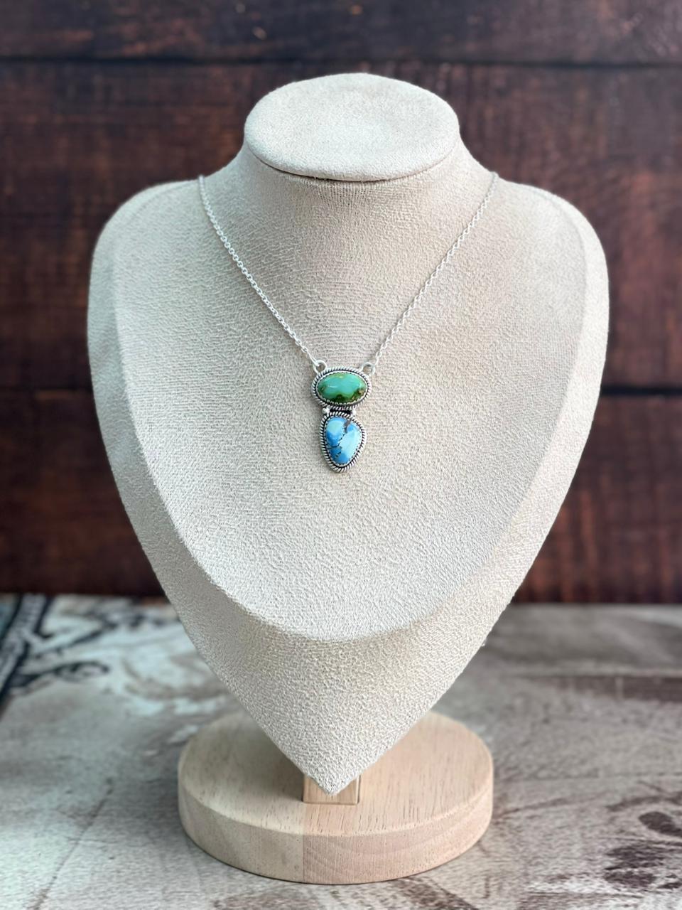 Handmade Sterling Silver Golden Hills Turquoise with Sonoran Mountain Turquoise Necklace "Signed Nizhoni"