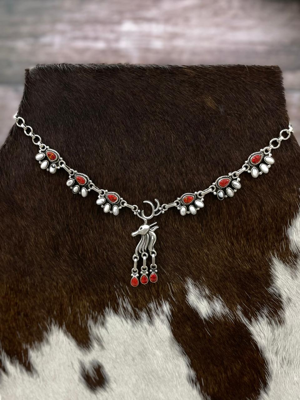 Handmade Sterling Silver White Buffalo with Red Opal Necklace "Signed Nizhoni"