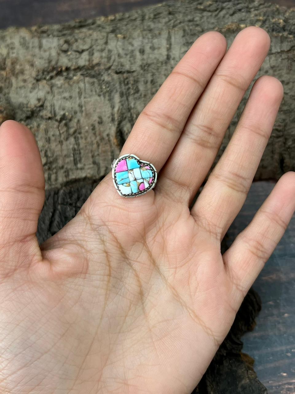 Handmade Sterling Silver Cotton Candy Heart Shape Adjustable Ring "Signed Nizhoni"