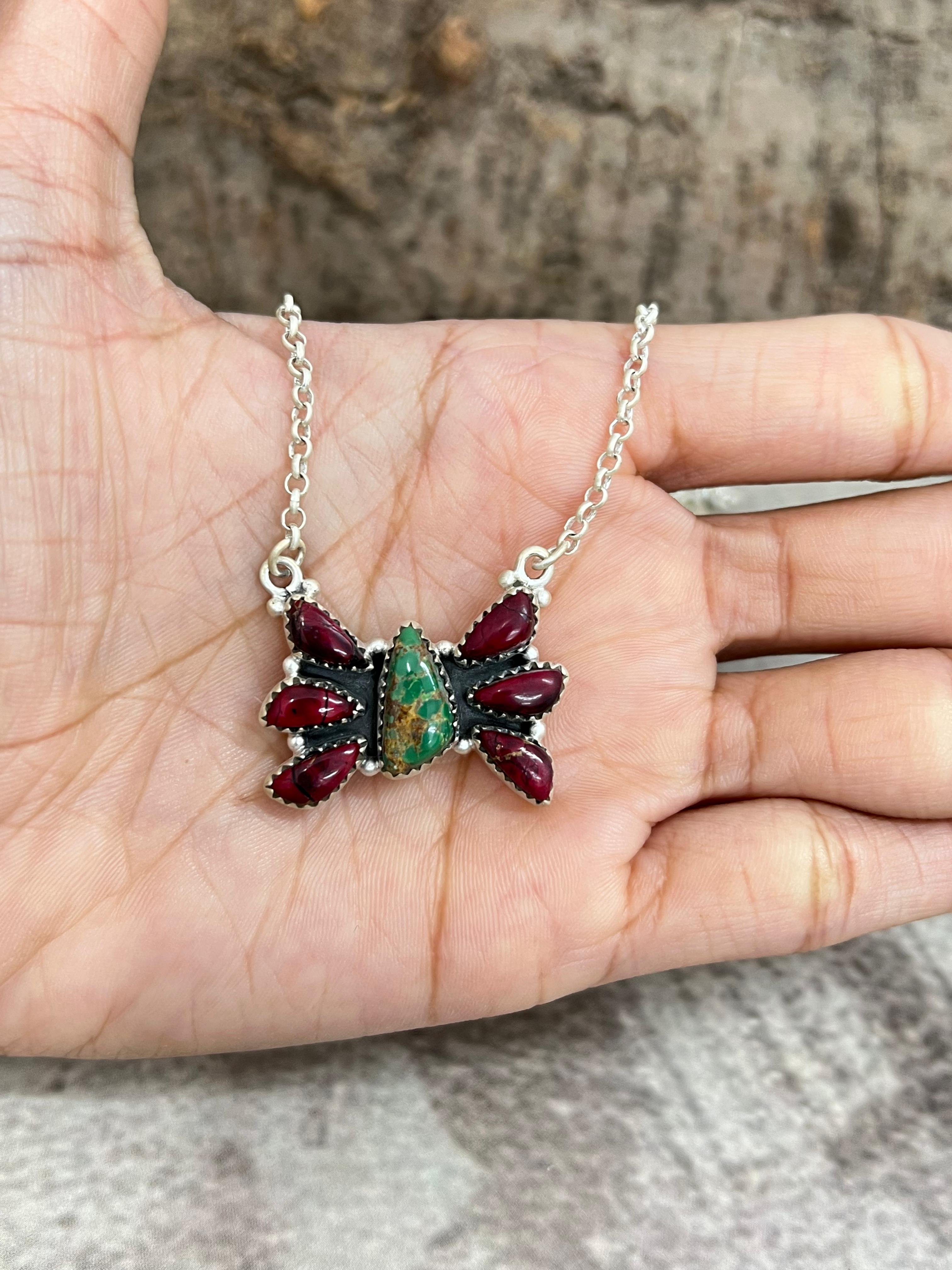 Handmade Sterling Silver Dahlia Rose with Emerald Valley Butterfly Necklace with Signed Nizhoni
