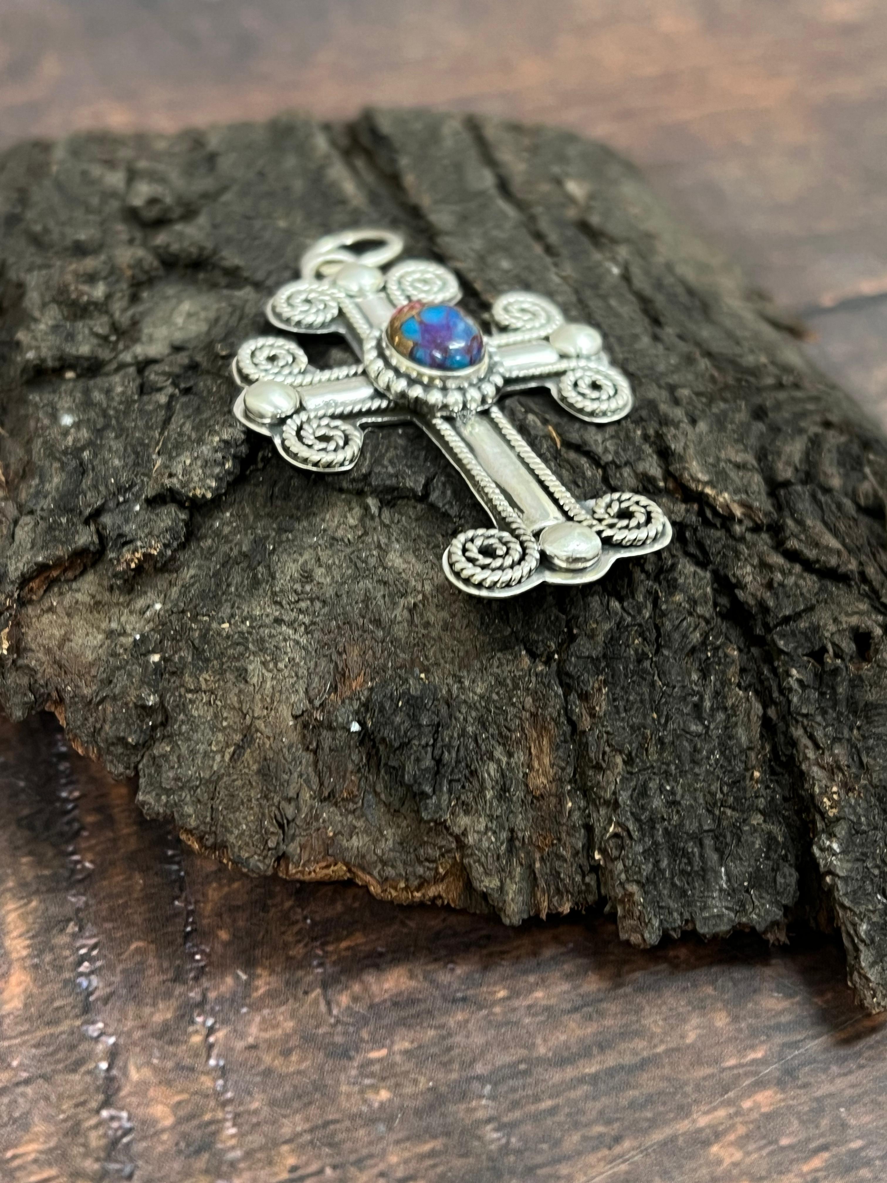 Handmade Sterling Silver Pink Dahlia Cross Pendant with Signed Nizhoni (4)