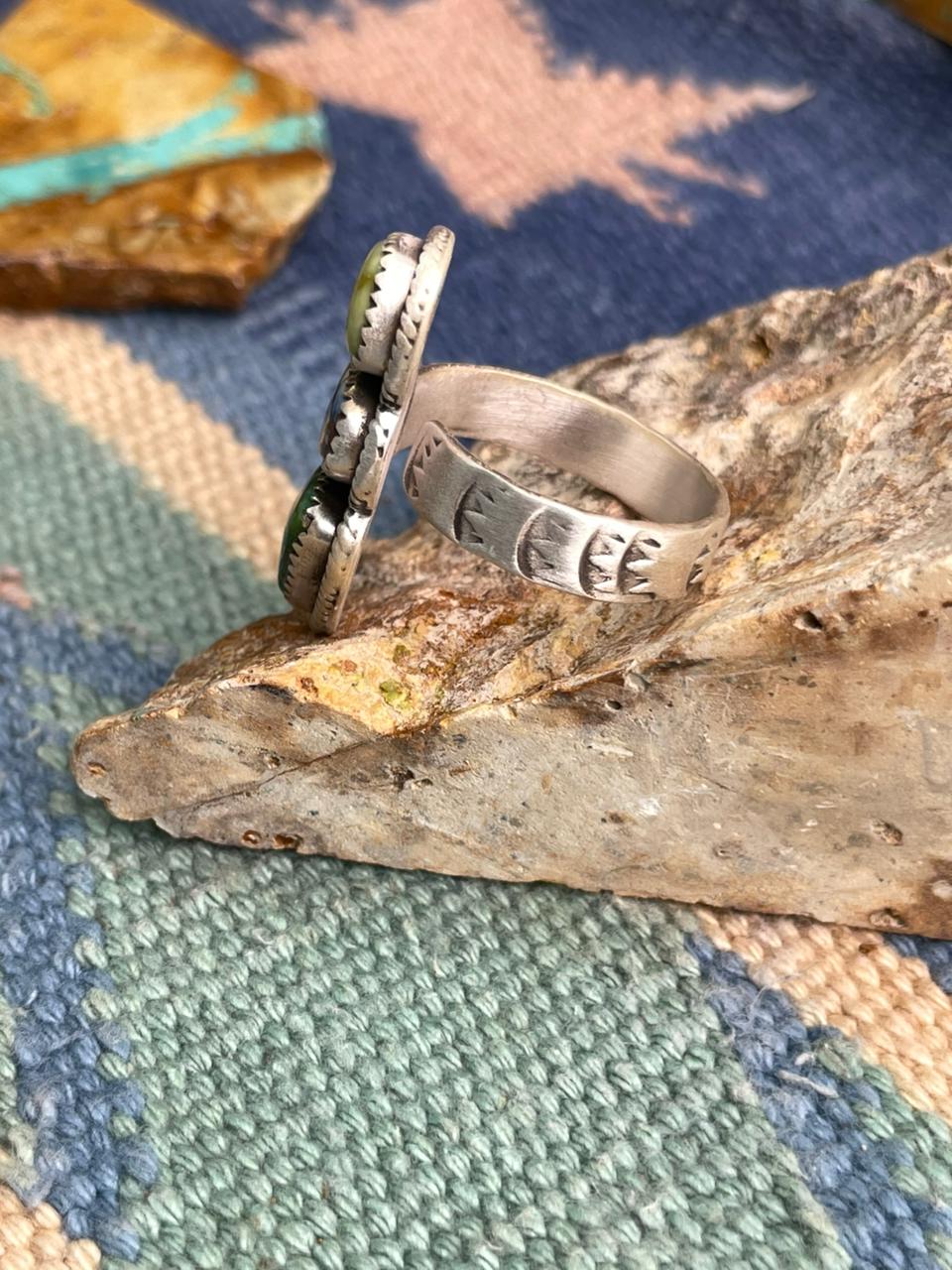 Handmade Sterling Silver Palomino with Golden Hills and Sonoran Mountain Turquoise Adjustable Ring " Signed Nizhoni"