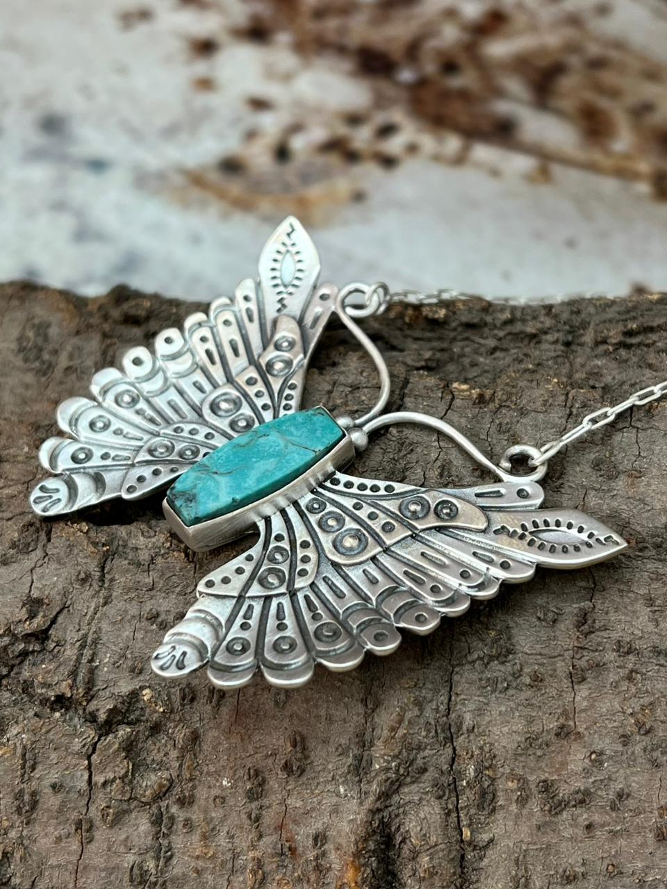 Handmade Sterling Silver Kingman Turquoise Butterfly Necklace "Signed Nizhoni"