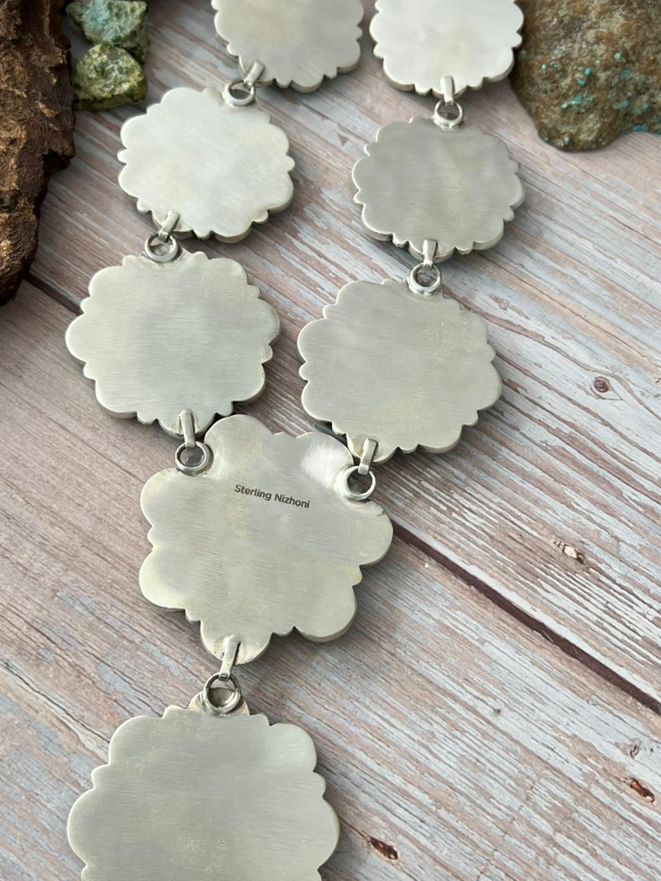 Handmade Sterling Silver Mantis Turquoise Necklace with Signed Nizhoni