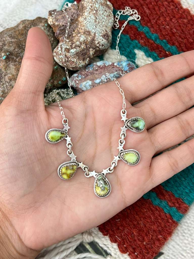 Handmade Sterling Silver Palomino Turquoise Necklace with Signed Nizhoni