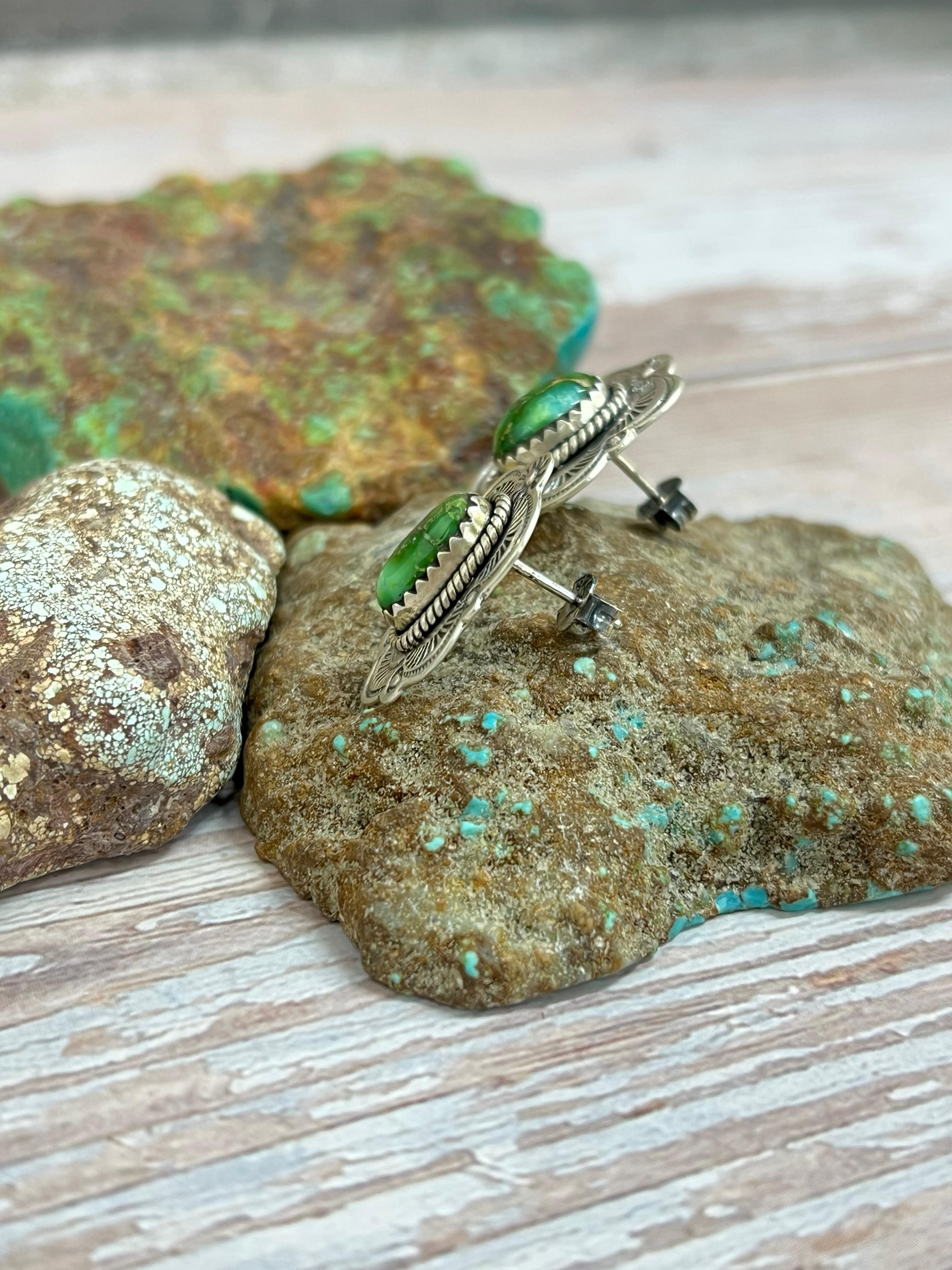 Handmade Sterling Silver Sonoran Mountain Turquoise Post Earrings with Signed Nizhoni