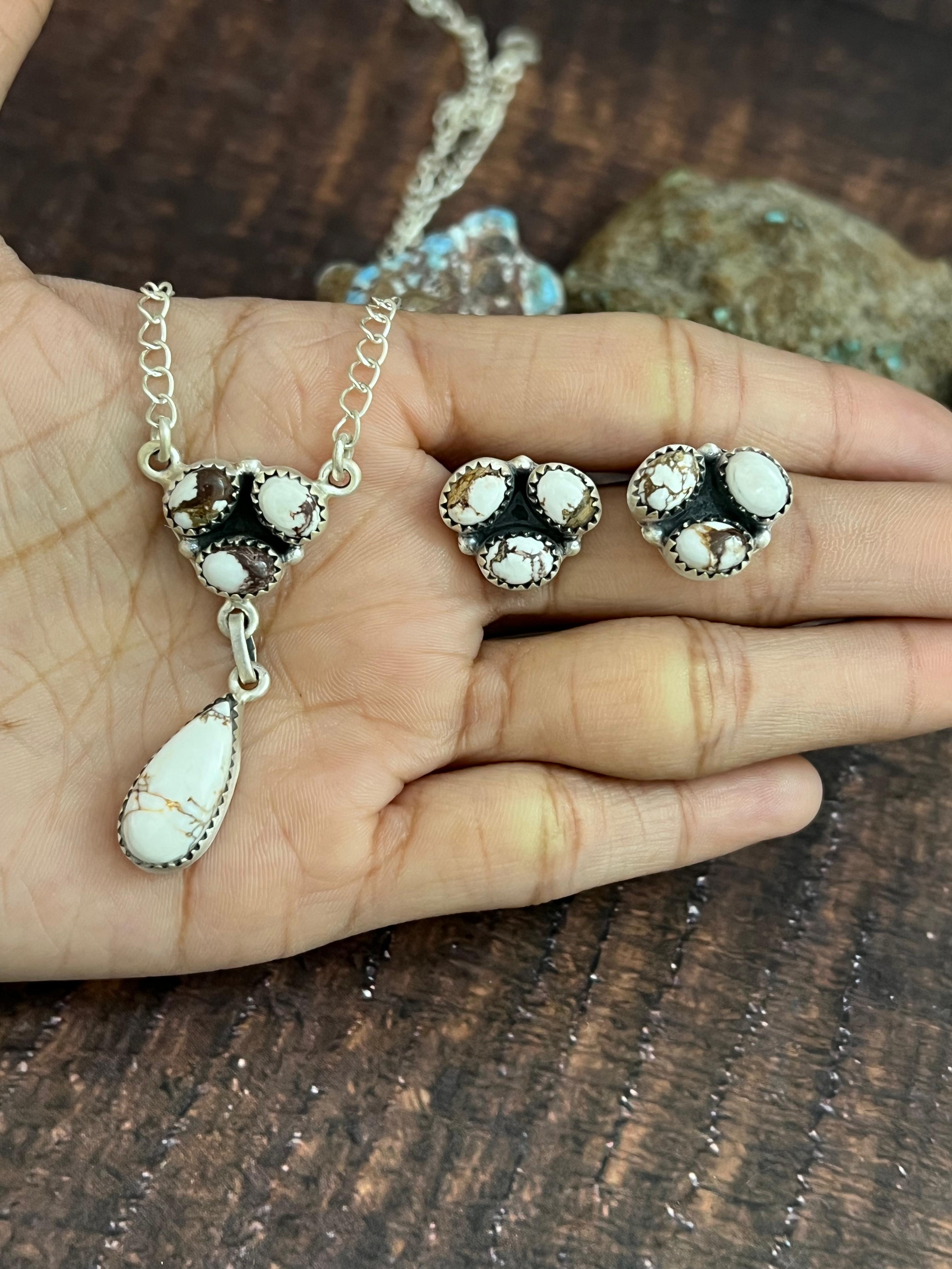 Handmade Sterling Silver Wild Horse Magnesite Necklace Earrings Set with Signed Nizhoni