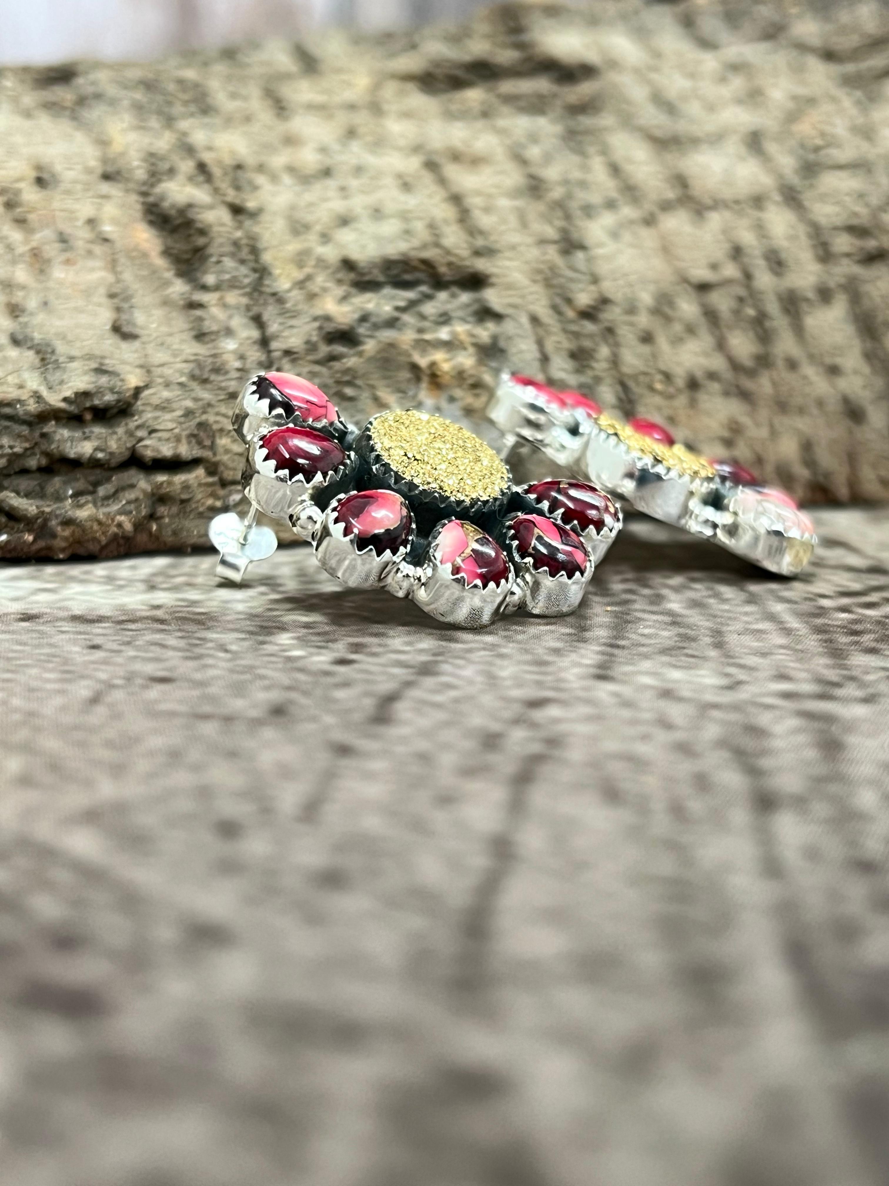 Handmade Sterling Silver Dahlia Rose with Druzy Post Earrings with Signed Nizhoni