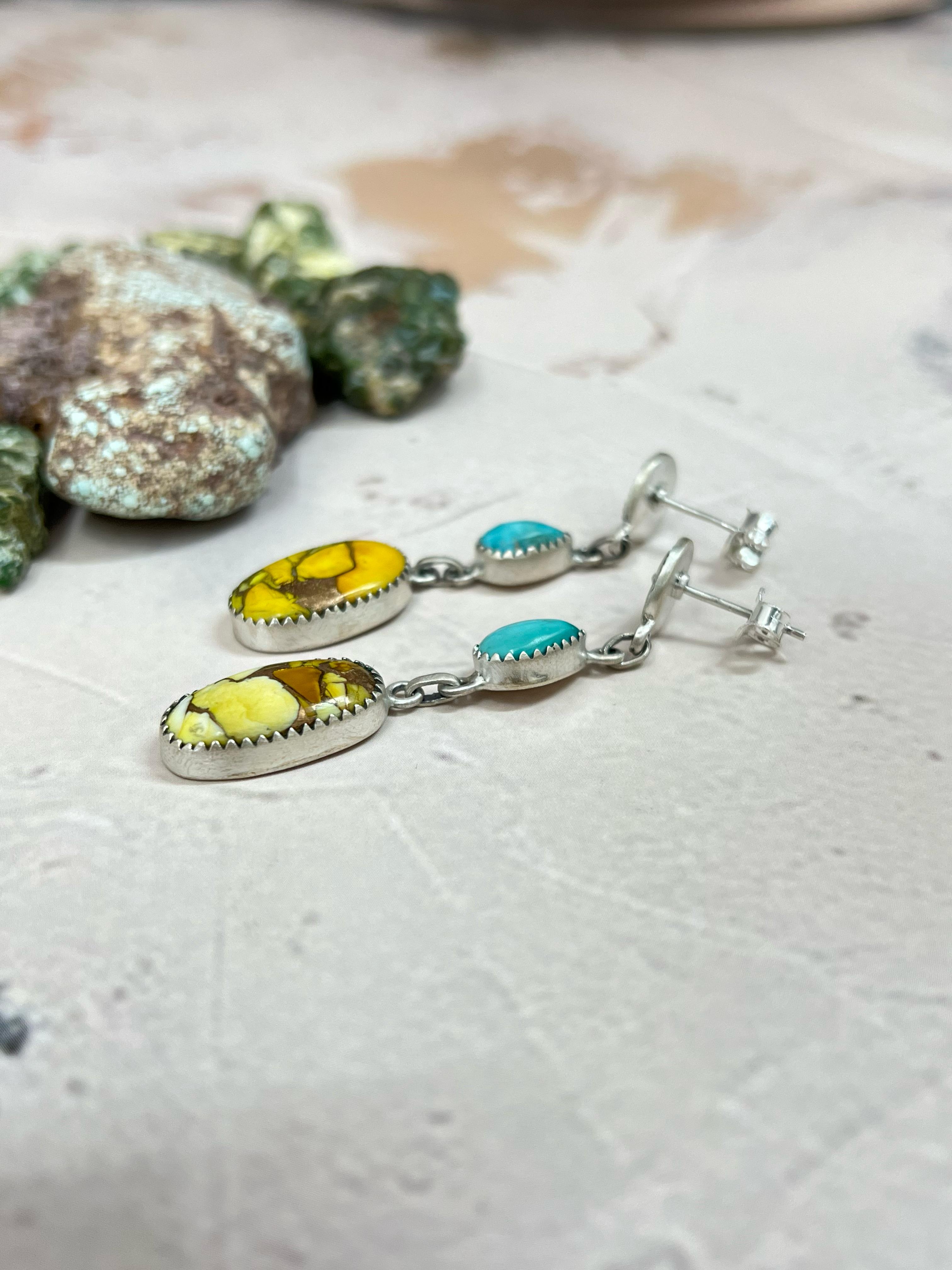 Handmade Sterling Silver Honey Dahlia with South Hill Turquoise Post Earrings, Signed Nizhoni