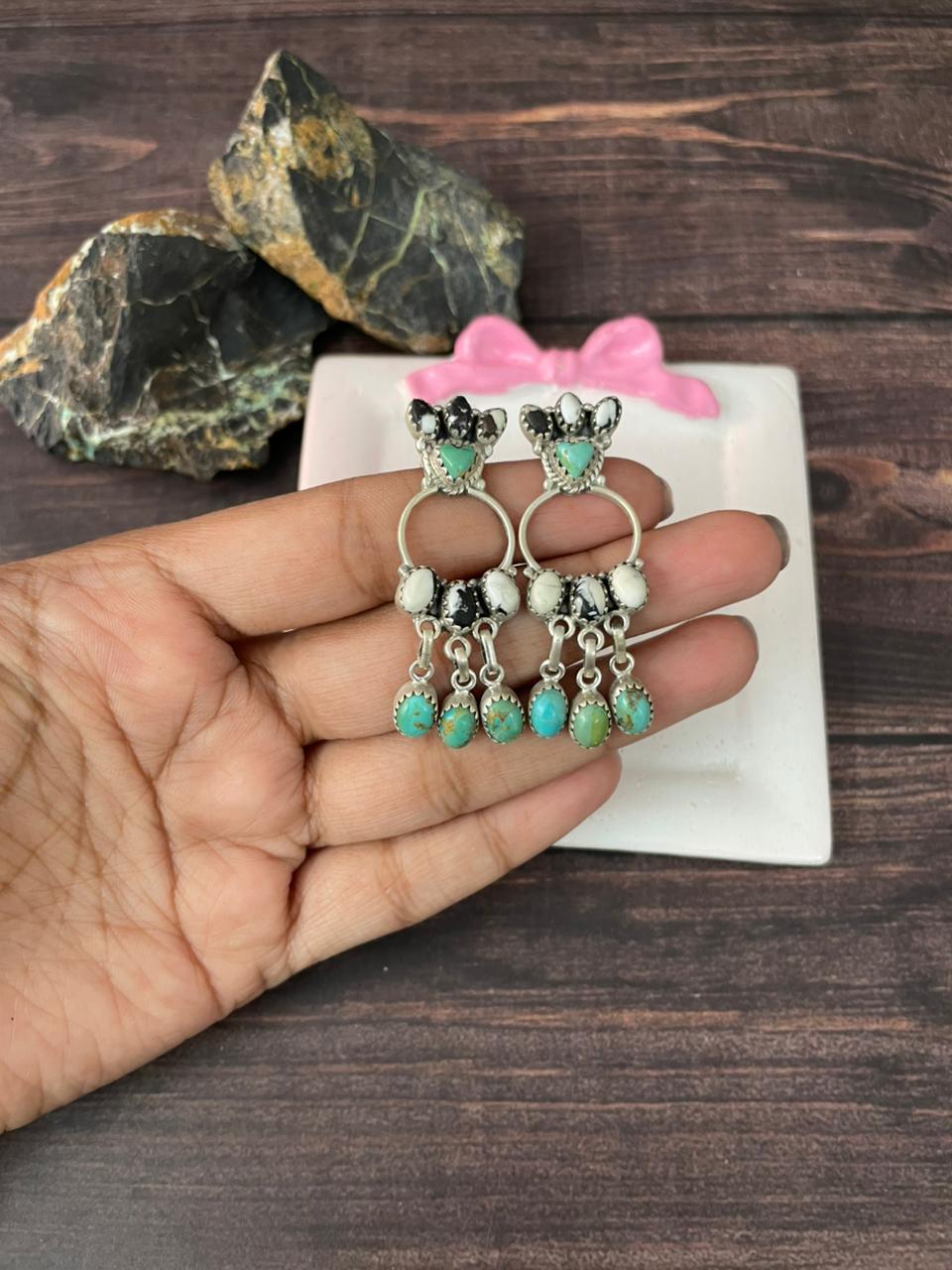 Handmade Sterling Silver White Buffalo with Kingman Post Dangle Earrings "Signed Nizhoni"