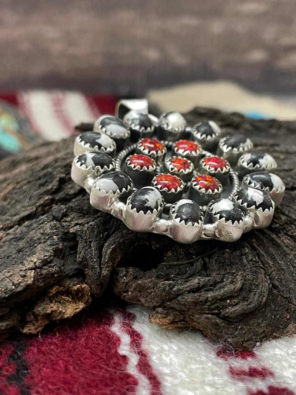 "Christmas Collection" Handmade Sterling Silver Red Opal with White Buffalo Pendant " Signed Nizhoni"