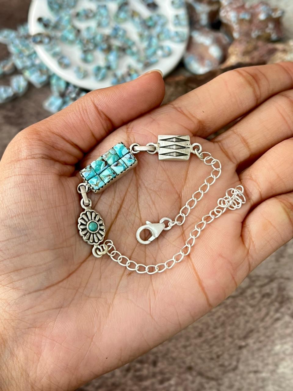 Handmade Sterling Silver Golden Hills Turquoise Cobble Collection Chain Bracelet "Signed Nizhoni"