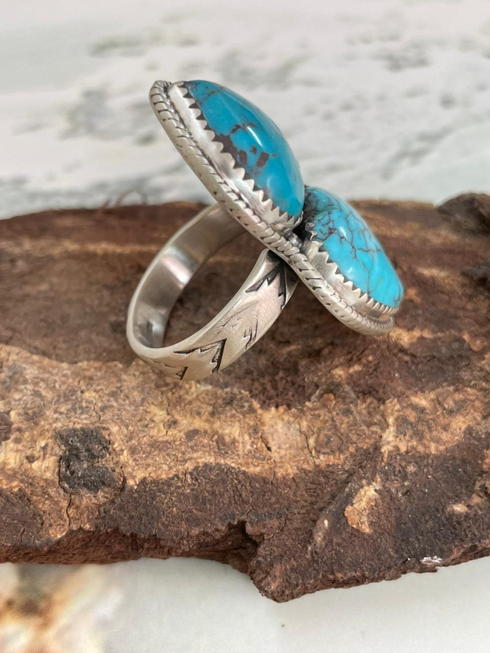 Handmade Sterling Silver Arizona Turquoise Heart Adjustable Ring "Signed Nizhoni"