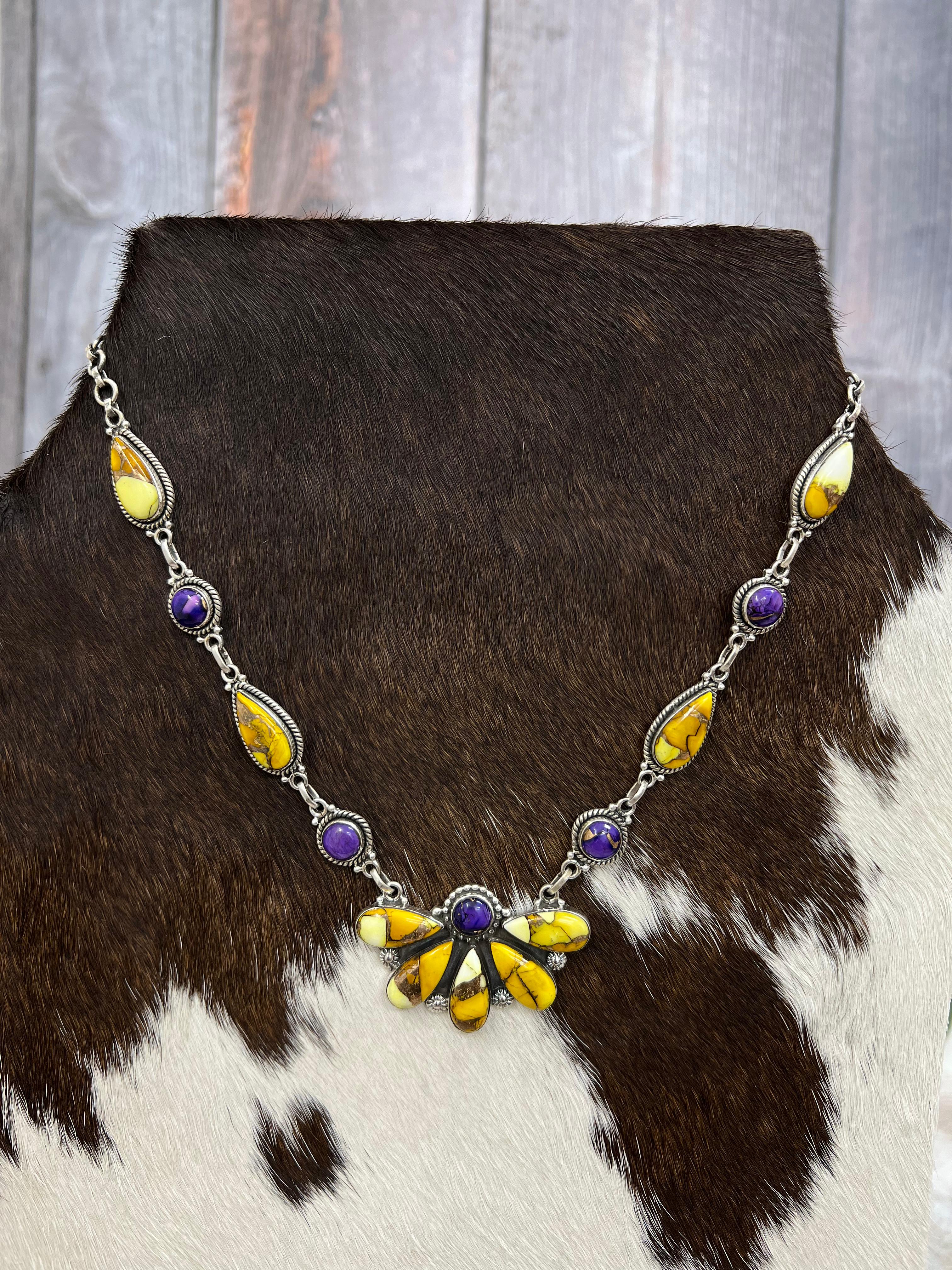 Handmade Sterling Silver Grape Dahlia, Honey Dahlia Necklace with Signed Nizhoni