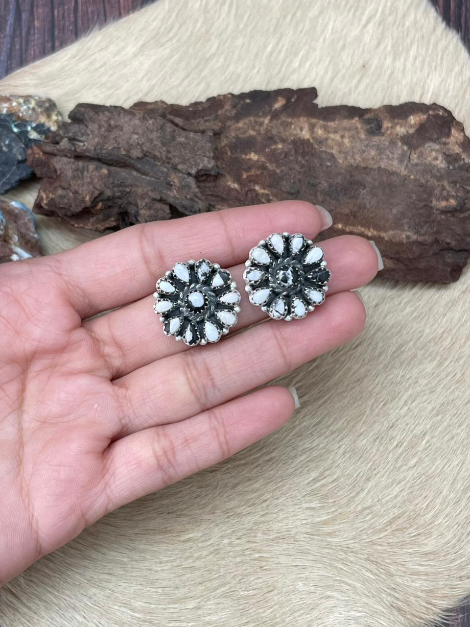 Handmade Sterling Silver White Buffalo Post Studs Earrings "Signed Nizhoni"