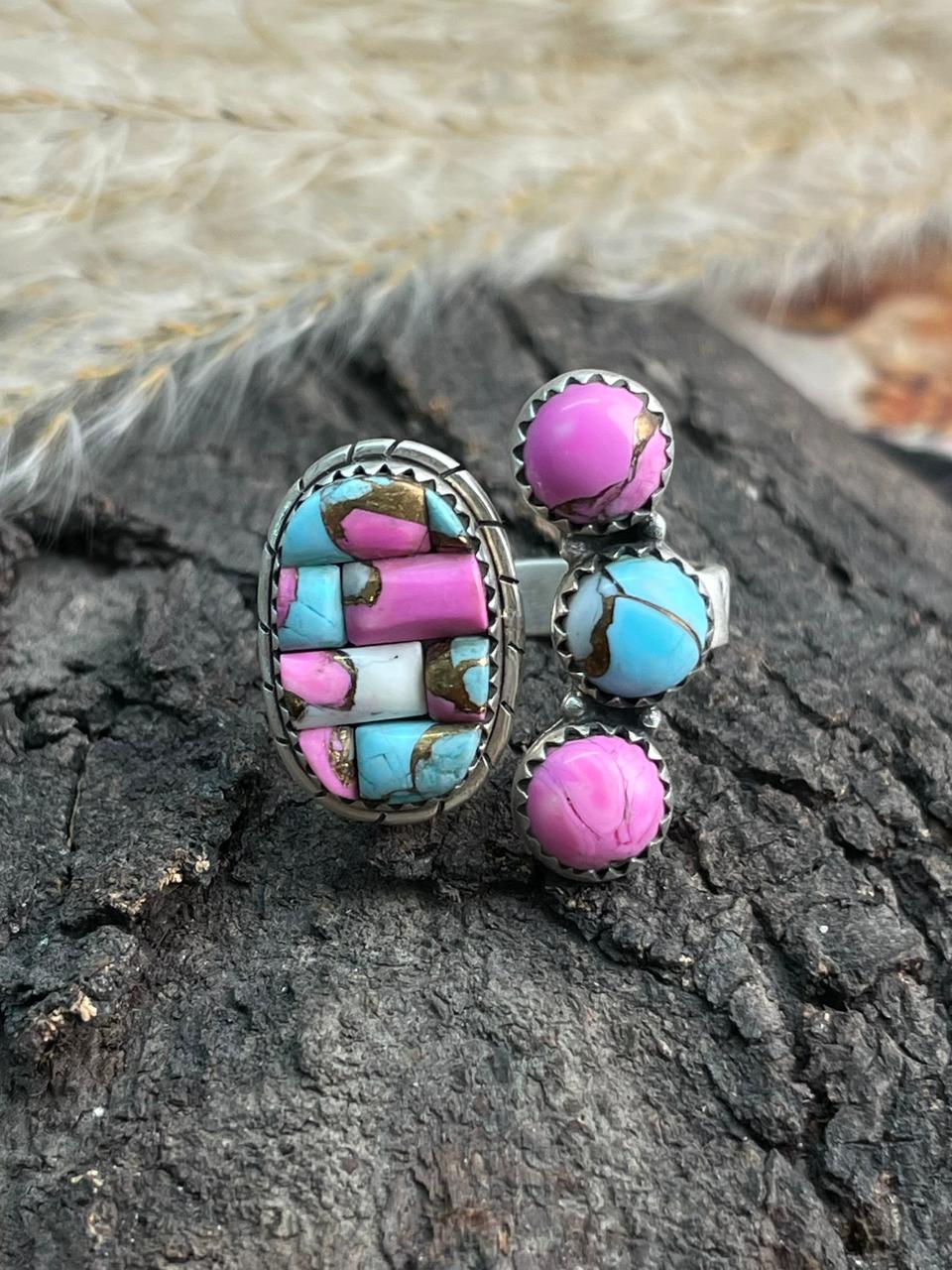 Handmade Sterling Silver 'Cotton Candy Cobble Collection' Adjustable Ring "Signed Nizhoni"