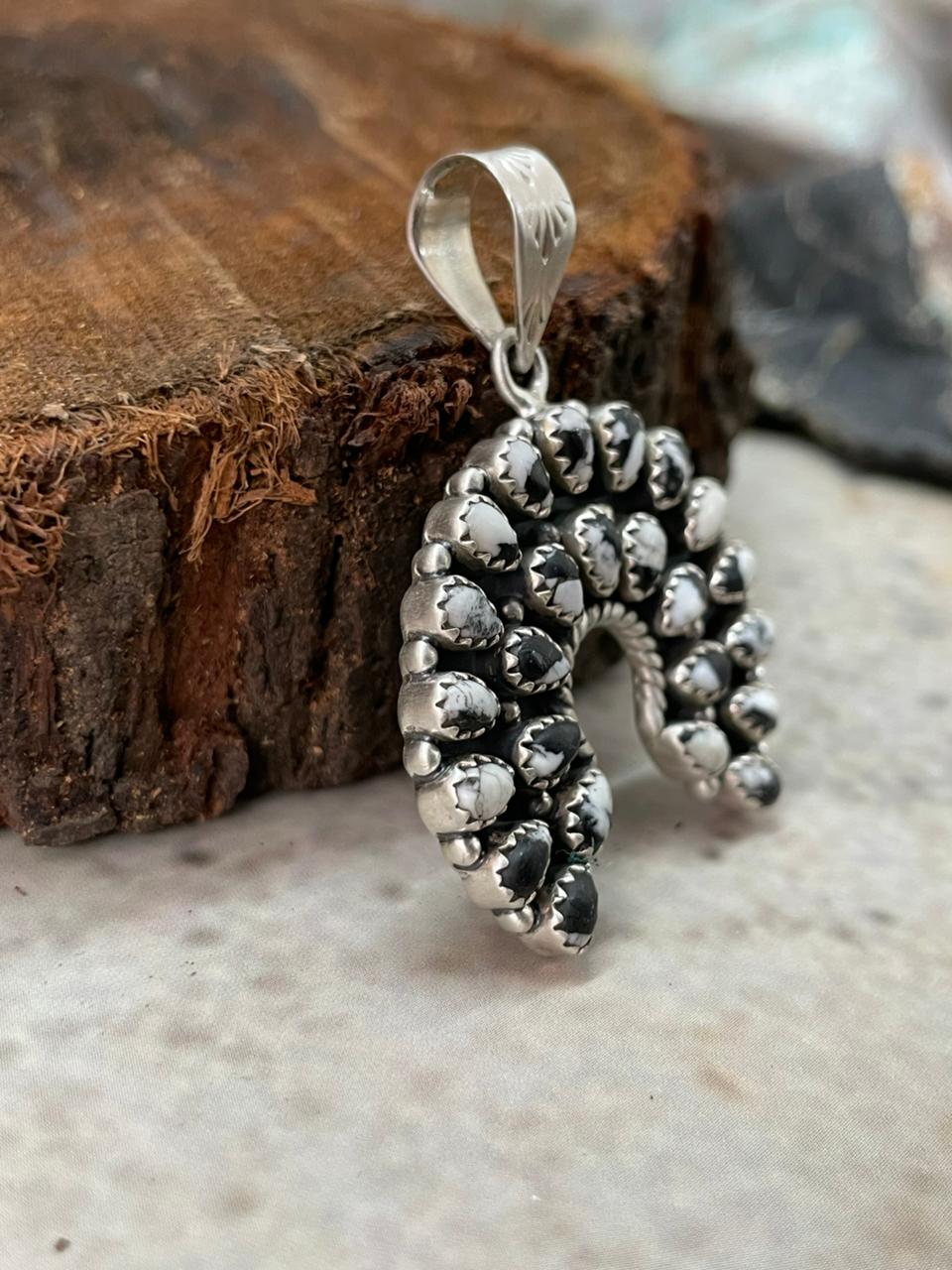 Handmade Sterling Silver White Buffalo Naja Pendant "Signed Nizhoni" (10)