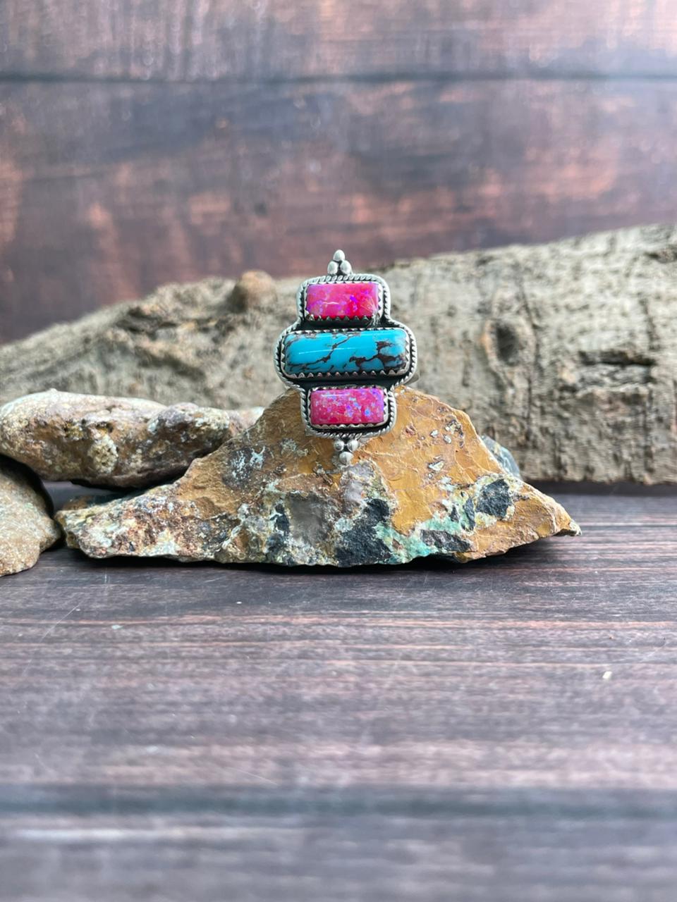 Handmade Sterling Silver Arizona Turquoise with Hot Pink Adjustable Ring "Signed Nizhoni"