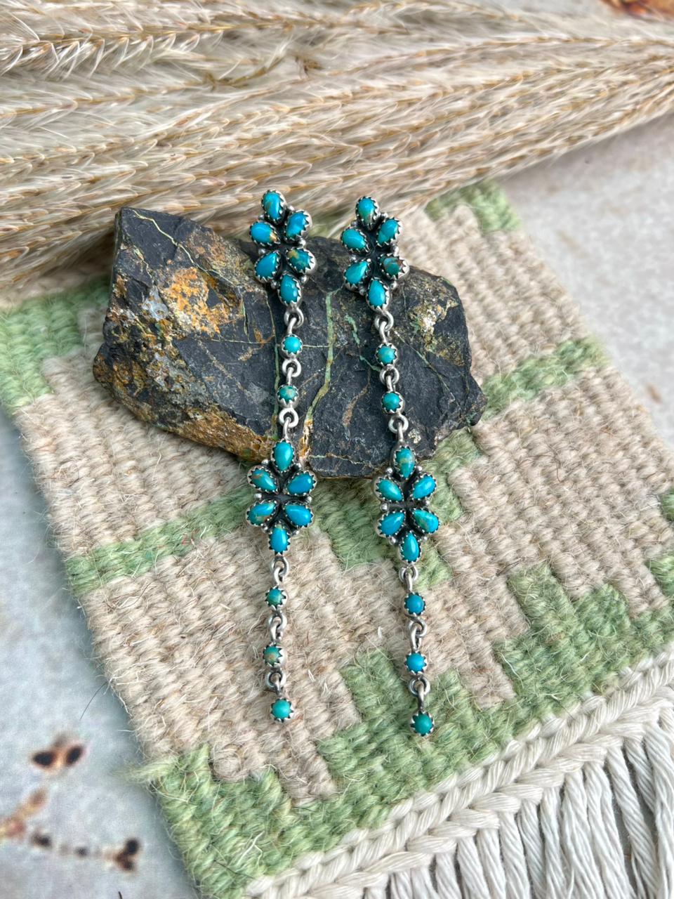 Handmade Sterling Silver Kingman Turquoise Post Dangle Earrings "Signed Nizhoni"