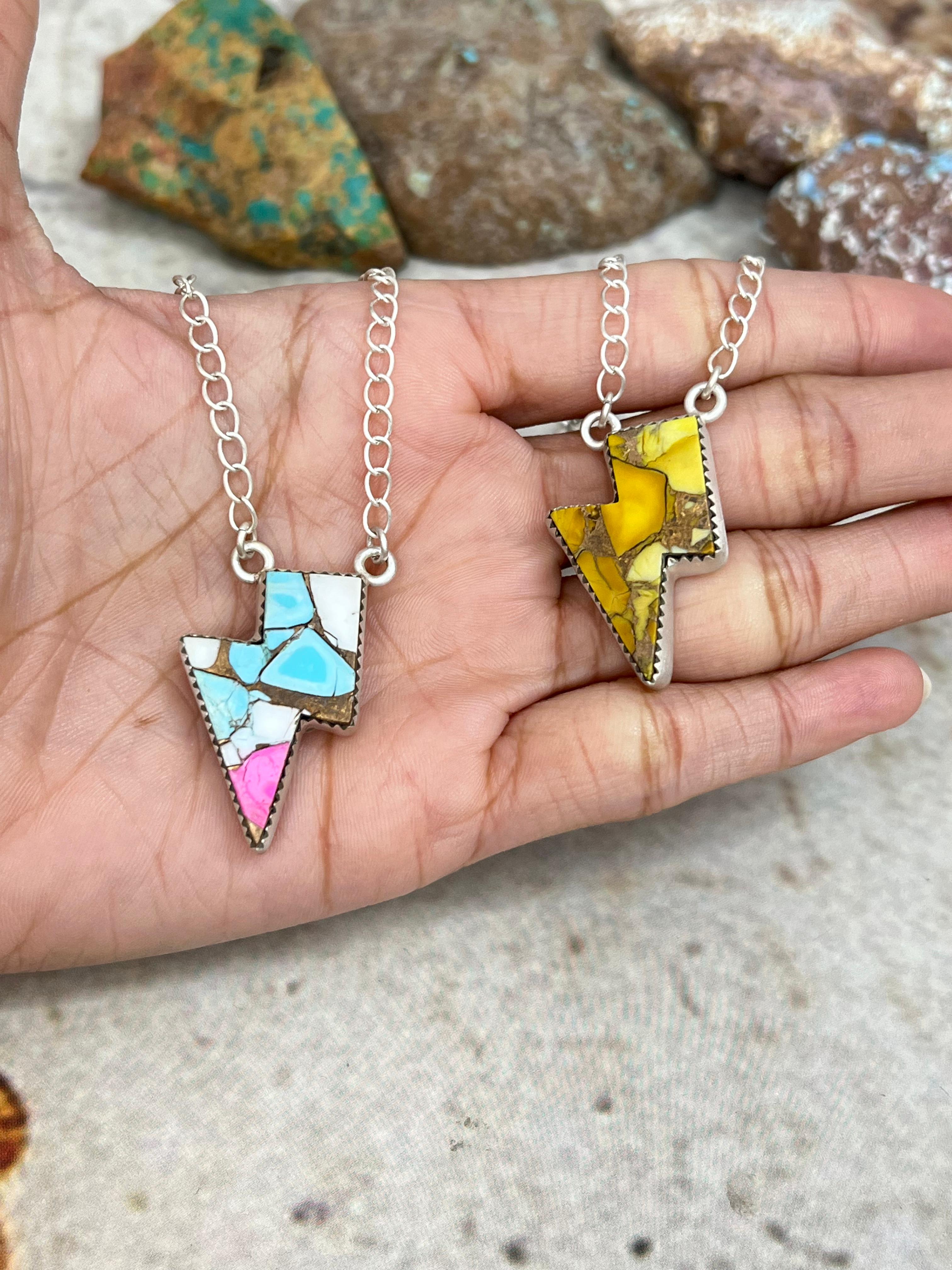 Handmade Sterling Silver Cotton Candy, Honey Dahlia Lightning Bolt Necklace Signed Nizhoni (3)