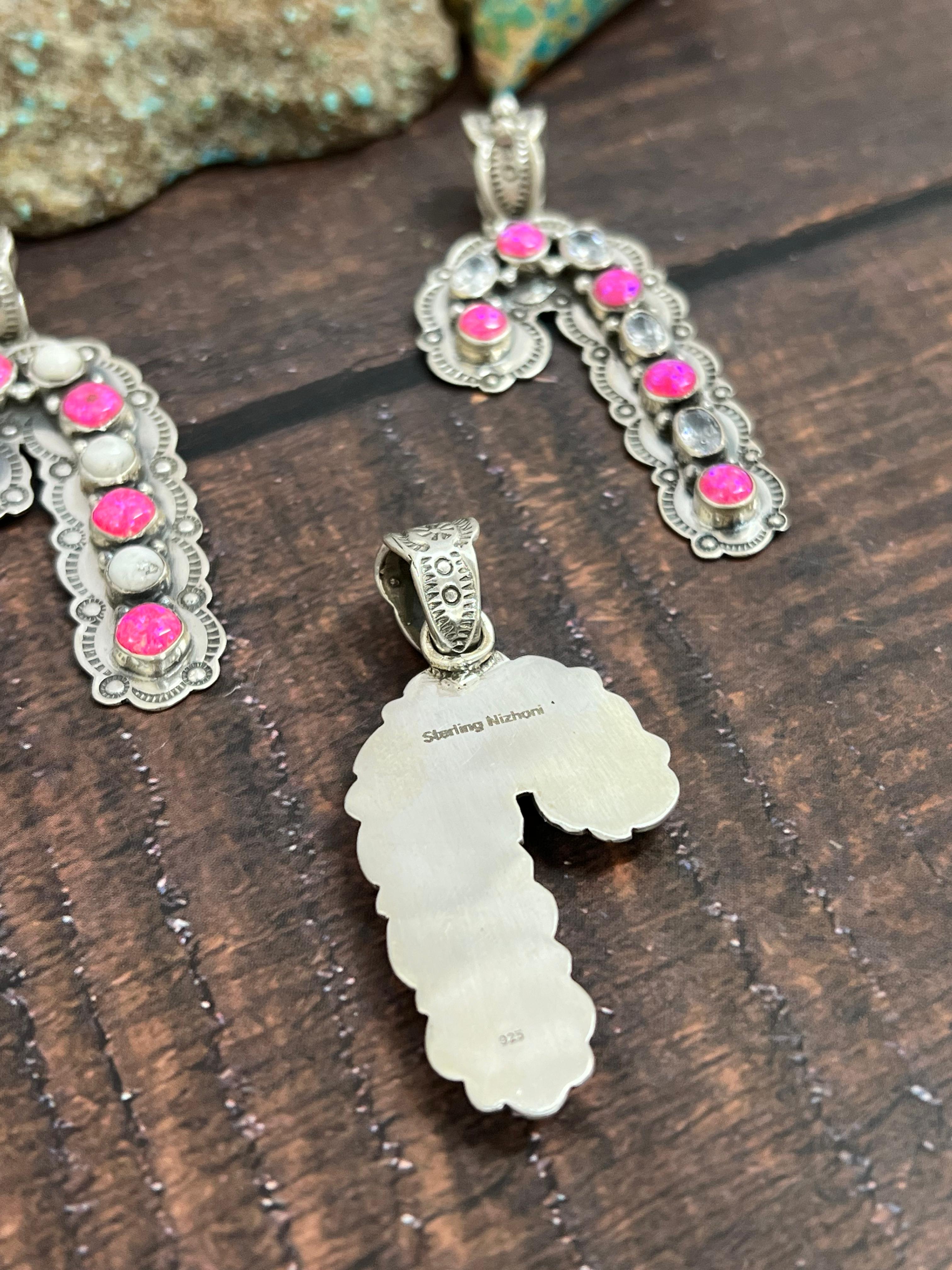 Handmade Sterling Silver Hot Pink with CZ, White Buffalo Pendant, Signed Nizhoni