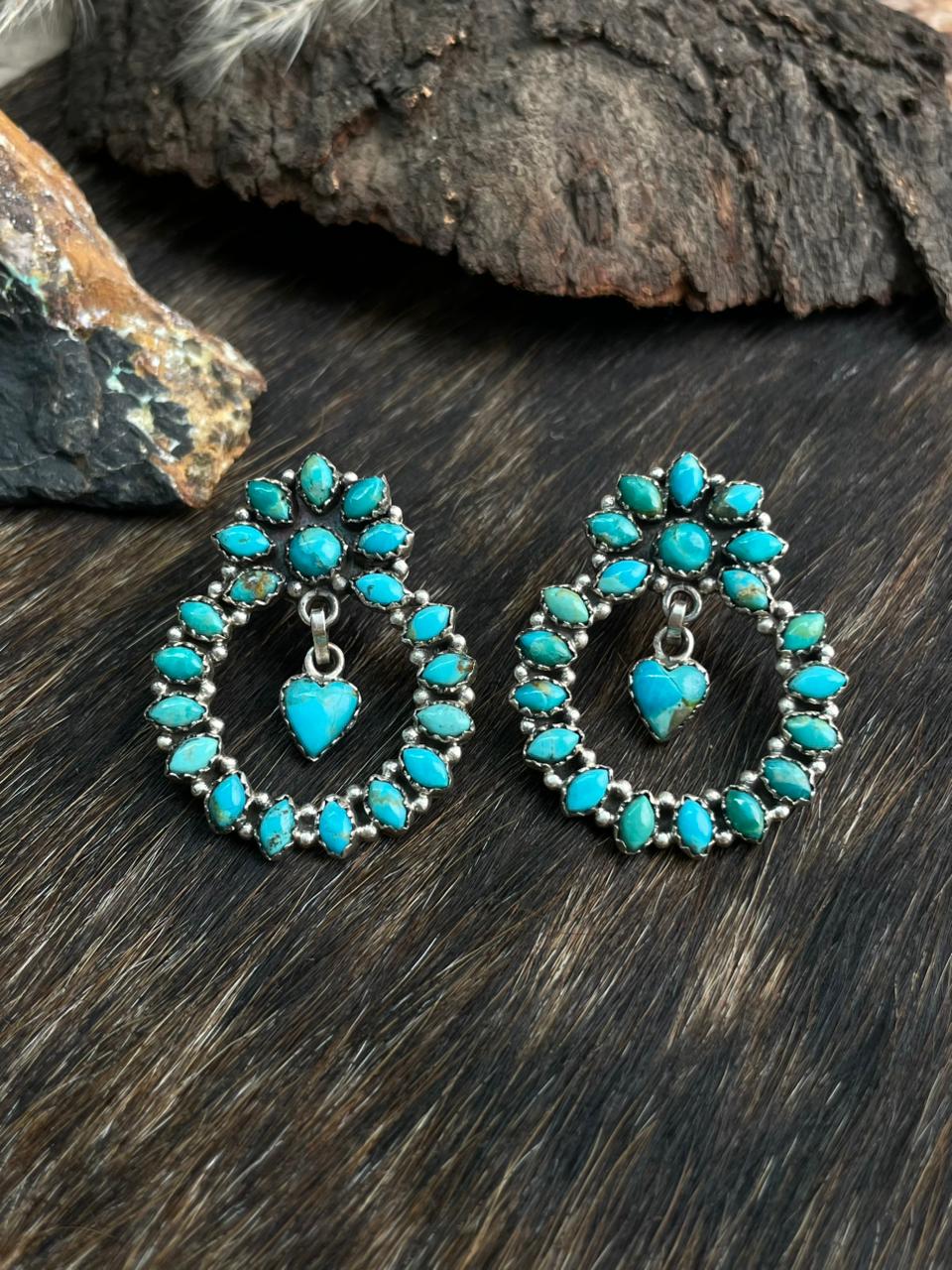 Handmade Sterling Silver Kingman Turquoise Post Dangle Hoop Earrings "Signed Nizhoni"