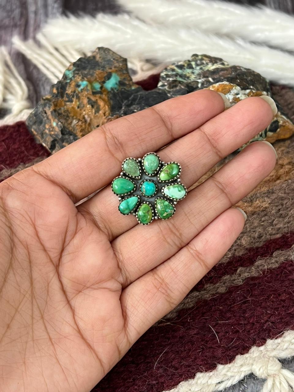 Handmade Sterling Silver Emerald Valley Turquoise Adjustable Ring "Signed Nizhoni"