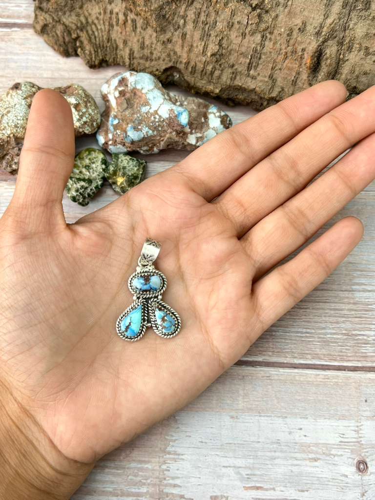 Handmade Sterling Silver Golden Hills Turquoise Pendant with Signed Nizhoni