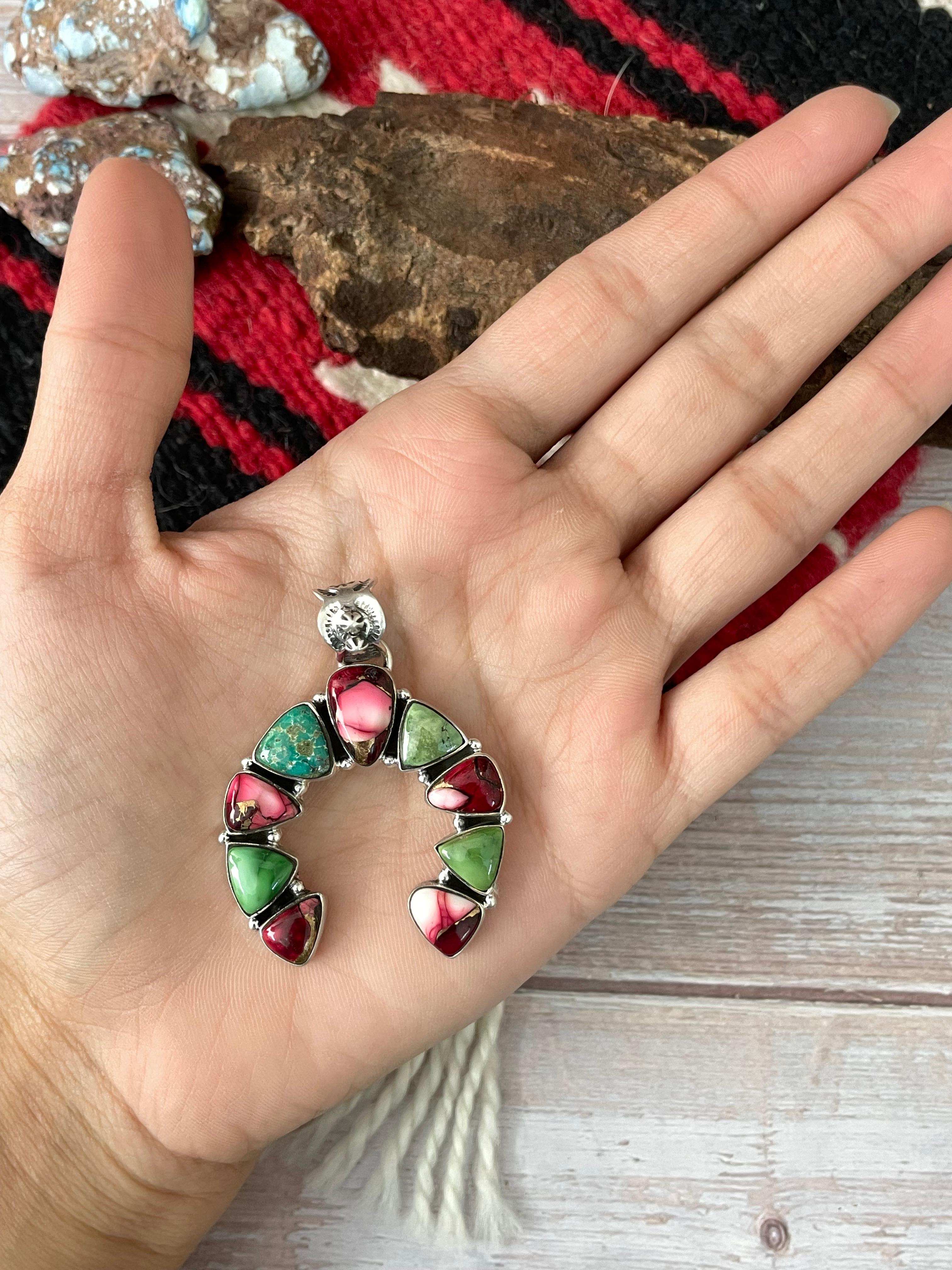 Handmade Sterling Silver Dahlia Rose with Emerald Valley Turquoise Pendant "Signed Nizhoni"