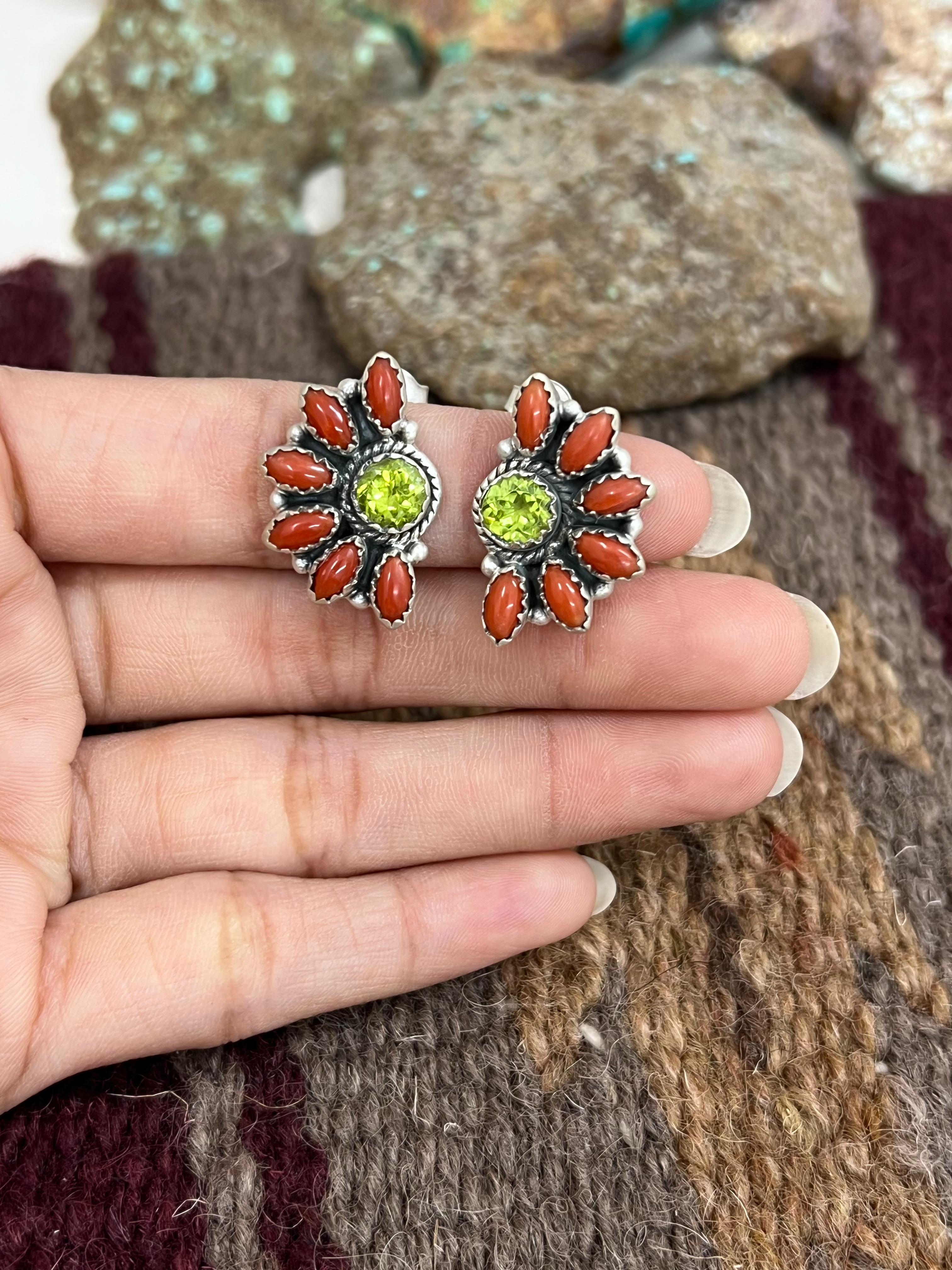 Christmas Collection Handmade Sterling Silver Coral with Peridot Post Studs, Signed Nizhoni