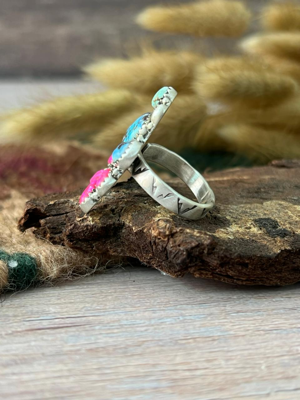 Handmade Sterling Silver Hot Pink with Golden Hills Turquoise Adjustable Ring "Signed Nizhoni"