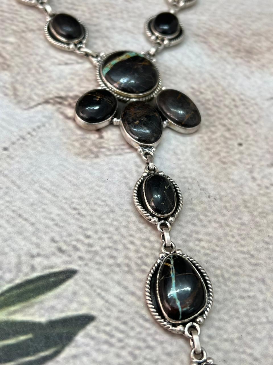 Handmade Sterling Silver Blackjack Turquoise Drop Necklace "Signed Nizhoni"