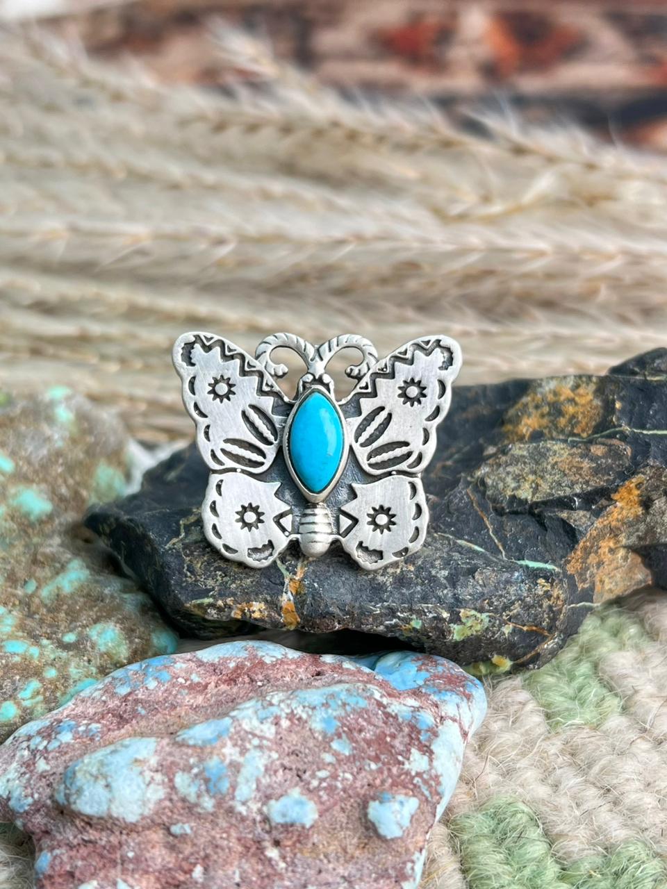 Handmade Sterling Silver Kingman Turquoise Butterfly Adjustable Ring "Signed Nizhoni"