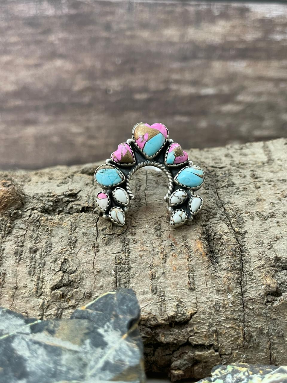 "Heart Collection" Handmade Sterling Silver Cotton Candy Adjustable Ring "Signed Nizhoni"