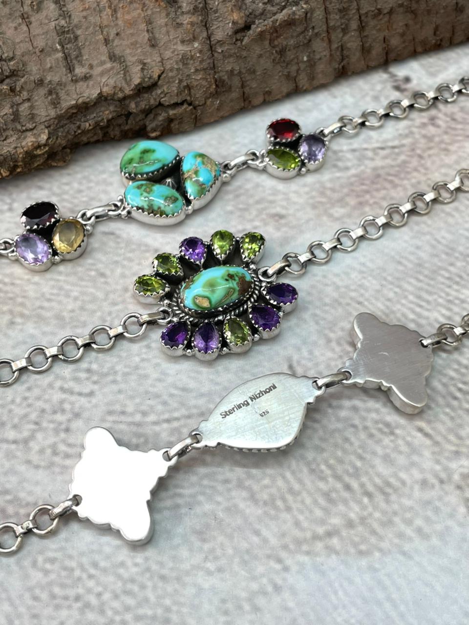 Handmade Sterling Silver Sonoran with Cut Stone Bracelet "Signed Nizhoni"