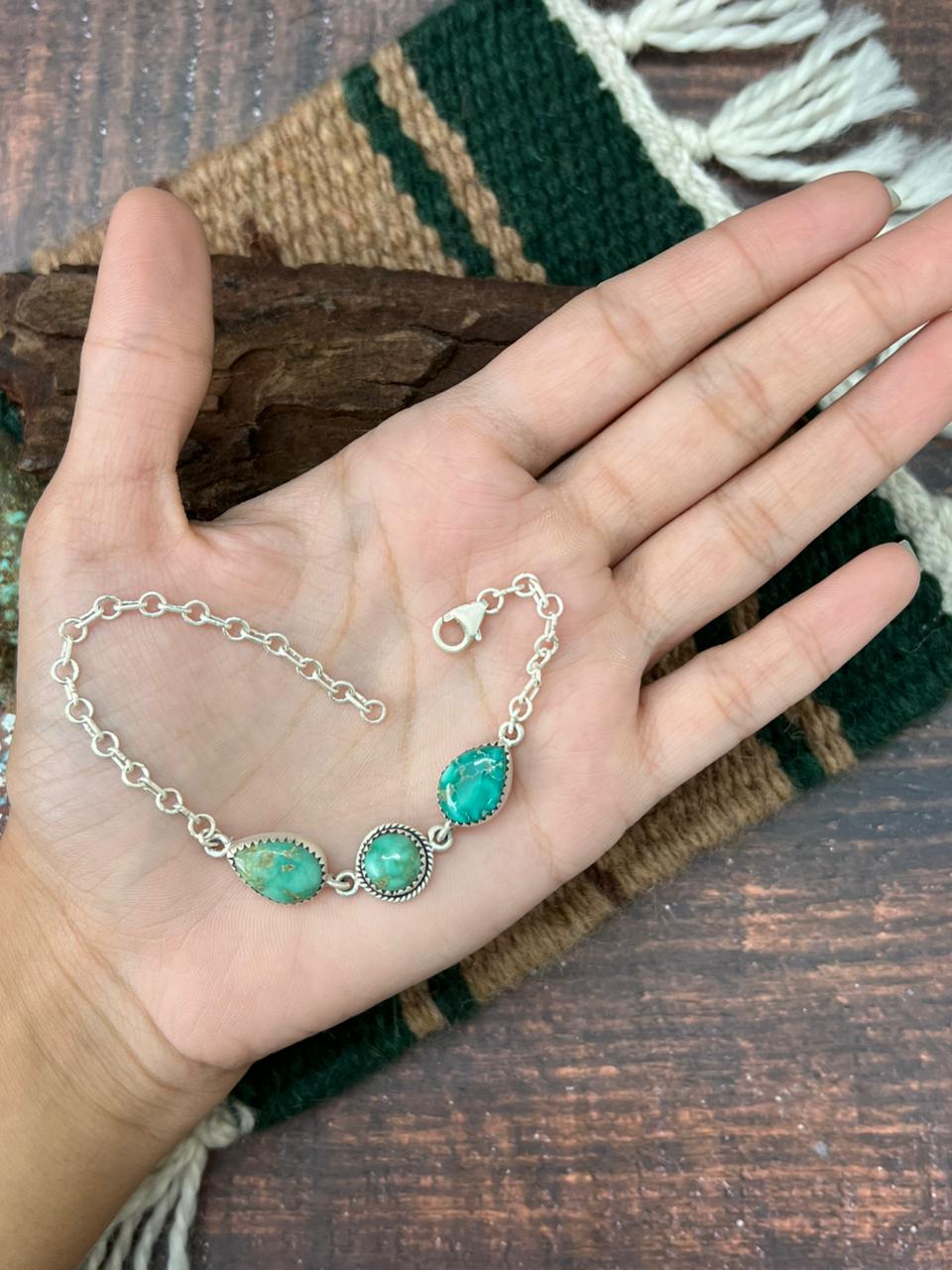Handmade Sterling Silver Emerald Valley Turquoise Chain Bracelet "Signed Nizhoni"