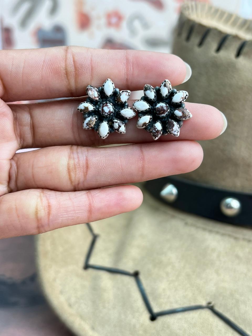 Handmade Sterling Silver Wildhorse Magnesite Post Studs Earrings "Signed Nizhoni"