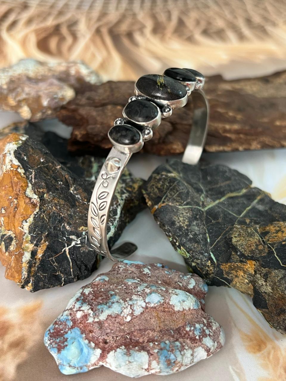 Handmade Sterling Silver Blackjack Turquoise 5 stone cuff Bracelet "Signed Nizhoni"
