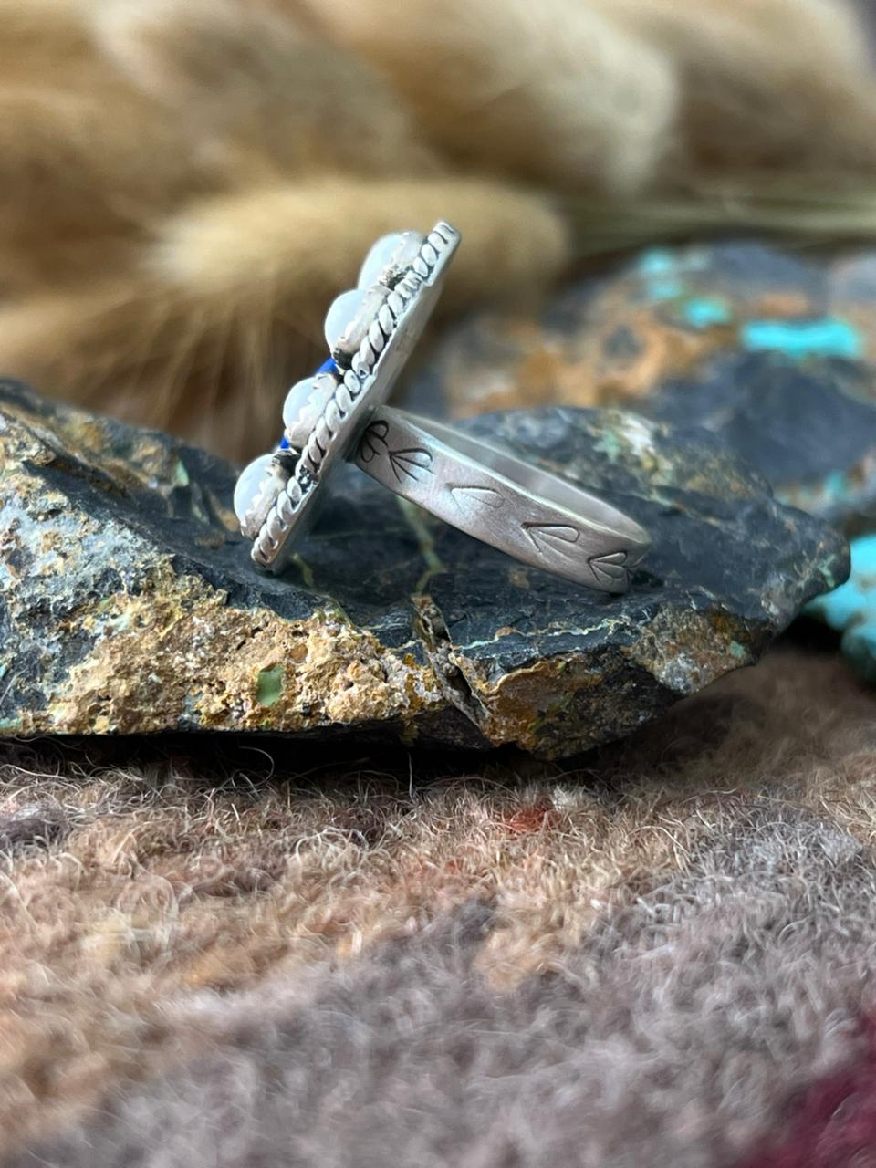 Handmade Sterling Silver White Buffalo with Lapis Adjusatble Ring "Signed Nizhoni"
