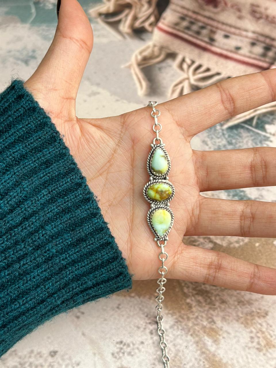 Handmade Sterling Silver Palomino Turquoise Chain Bracelet "Signed Nizhoni"