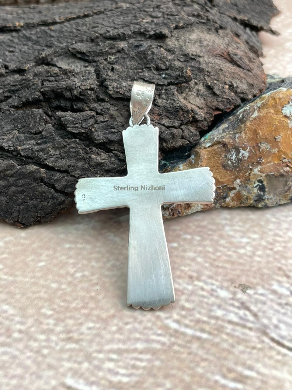 Handmade Sterling Silver Kingman Turquoise Cross Shape Pendant "Signed Nizhoni" (2)
