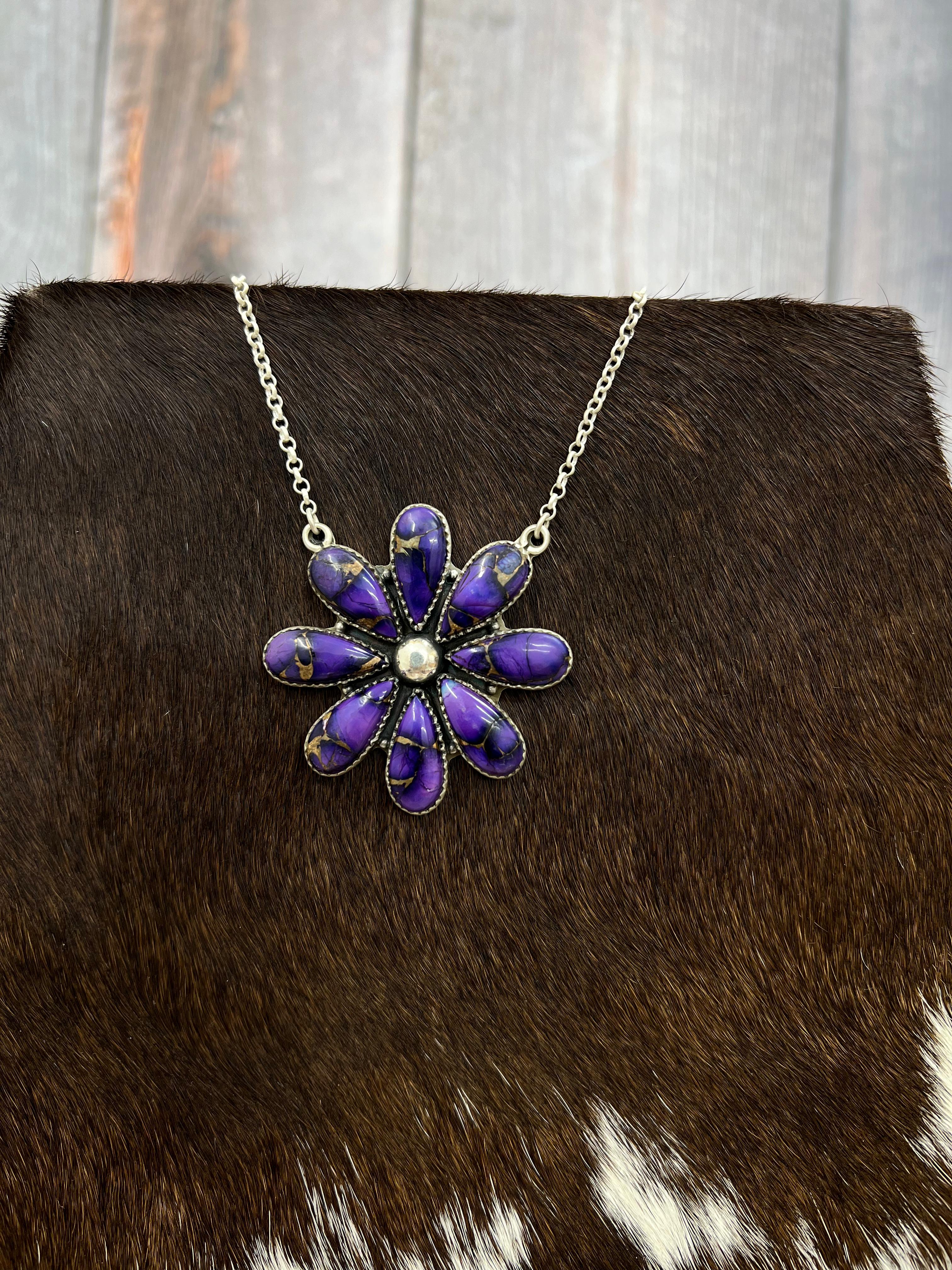 Handmade Sterling Silver Grape Dahlia Necklace with Signed Nizhoni