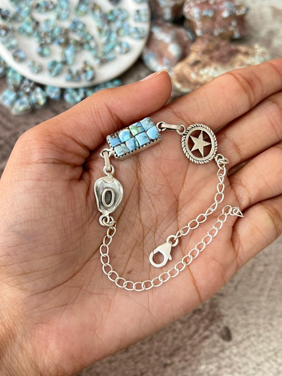 Handmade Sterling Silver Golden Hills Turquoise Cobble Collection Chain Bracelet "Signed Nizhoni"